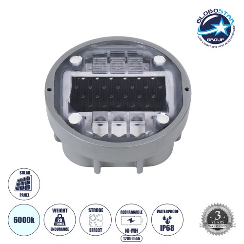 GloboStar® ROADER 60367 Professional LED Strobe Αυτόνομος Ηλιακός Χωνευτός Ανακλαστήρας Οδοστρώματος με Ενσωματωμένο Φωτοβολταϊκό Panel 2.5V 220mA & Επαναφορτιζόμενη Μπαταρία Ni-MH 1.2V 1200mAh - Αδιάβροχο IP68 - Ψυχρό Λευκό 6000K - Max Pass Load 20 Τ