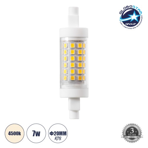 GLOBOSTAR® TUBINI 60394 Λάμπα R7S 78mm LED 7W 819lm 360° AC 220-240V IP20 Φυσικό Λευκό 4500K - Lumileds SMD Chip - Μ7.8 x Π2 x Υ2cm - 3 Χρόνια Εγγύηση