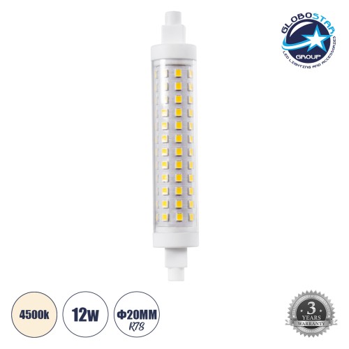 GLOBOSTAR® TUBINI 60397 Λάμπα R7S 118mm LED 12W 1404lm 360° AC 220-240V IP20 Φυσικό Λευκό 4500K - Lumileds SMD Chip - Μ11.8 x Π2.2 x Υ2.2cm - 3 Χρόνια Εγγύηση