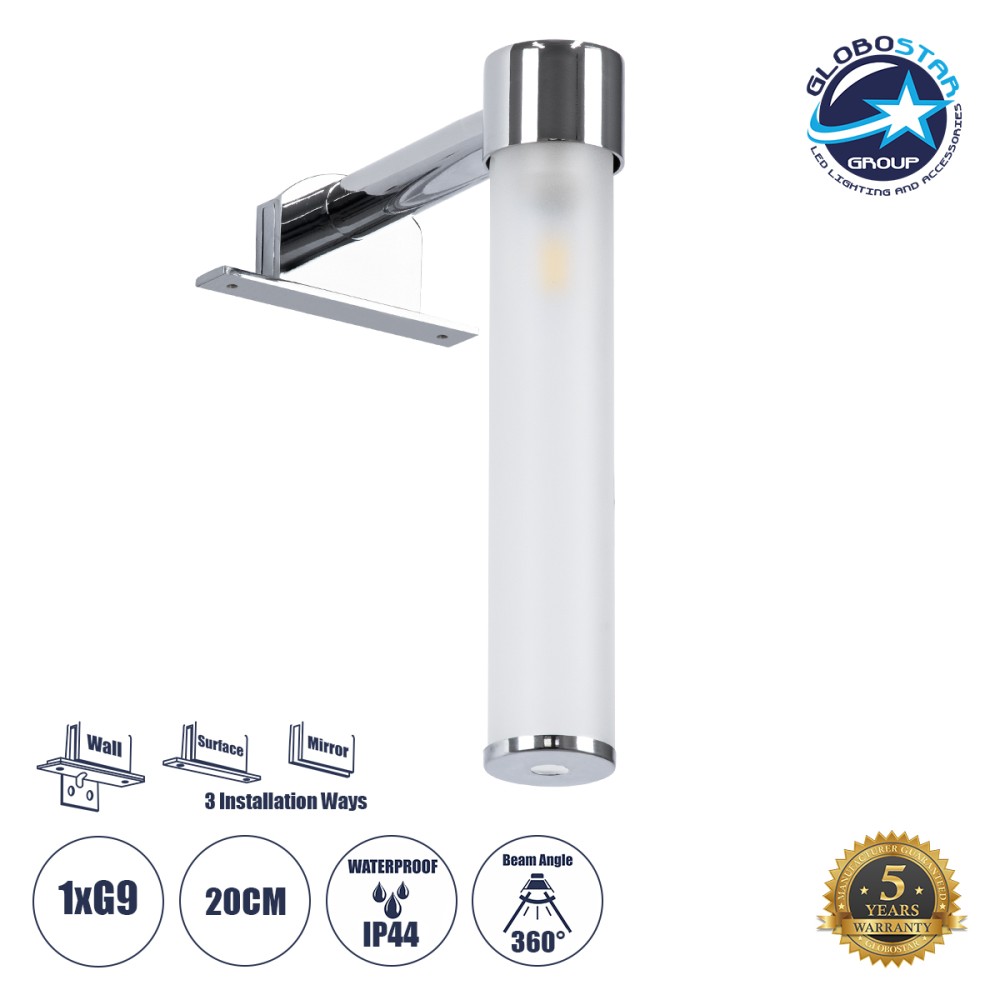 GLOBOSTAR® ELSA 60406 Μοντέρνο Φωτιστικό Τοίχου - Απλίκα Καθρέπτη Μπάνιου με Ντουί 1 x G9 AC 220-240V IP44 - Νίκελ Χρώμιο & Λευκό - Μ3.5 x Π13.5 x Υ20cm