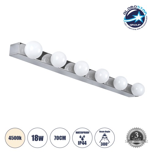 GLOBOSTAR® BELLA 60453 Μοντέρνο Φωτιστικό Τοίχου - Απλίκα Καθρέπτη Μπάνιου LED 18W 2052lm 300° AC 220-240V IP44 Φυσικό Λευκό 4500K - Bridgelux COB Chip & TÜV SÜD Driver - Ασημί & Λευκό - Μ70 x Π11 x Υ6cm - 3 Χρόνια Εγγύηση
