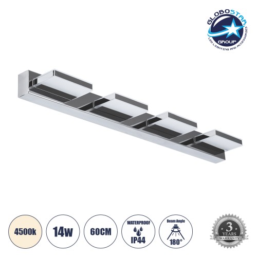 GLOBOSTAR® KARLA 60456 Μοντέρνο Φωτιστικό Τοίχου - Απλίκα Καθρέπτη Μπάνιου LED 14W 1600lm 180° AC 220-240V IP44 Φυσικό Λευκό 4500K - Lumileds SMD Chip & TÜV SÜD Driver - Νίκελ Χρώμιο - Μ60 x Π9 x Υ5cm - 3 Χρόνια Εγγύηση