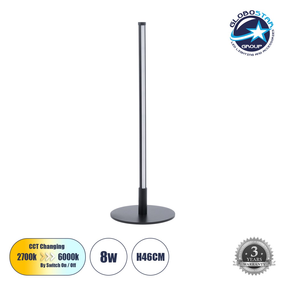 GLOBOSTAR® DALUMA 60467 Μοντέρνο Επιτραπέζιο Φωτιστικό LED 8W 800lm 200° AC 220-240V IP20 Ρυθμιζόμενο Λευκό CCT με On/Off 2700K/4500K/6000K - Lumileds SMD Chip - Μαύρο - Μ15 x Π15 x Υ46cm - 3 Χρόνια Εγγύηση