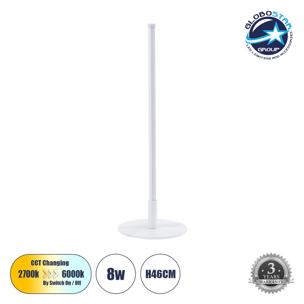 GLOBOSTAR® DALUMA 60468 Μοντέρνο Επιτραπέζιο Φωτιστικό LED 8W 800lm 200° AC 220-240V IP20 Ρυθμιζόμενο Λευκό CCT με On/Off 2700K/4500K/6000K - Lumileds SMD Chip - Λευκό - Μ15 x Π15 x Υ46cm - 3 Χρόνια Εγγύηση