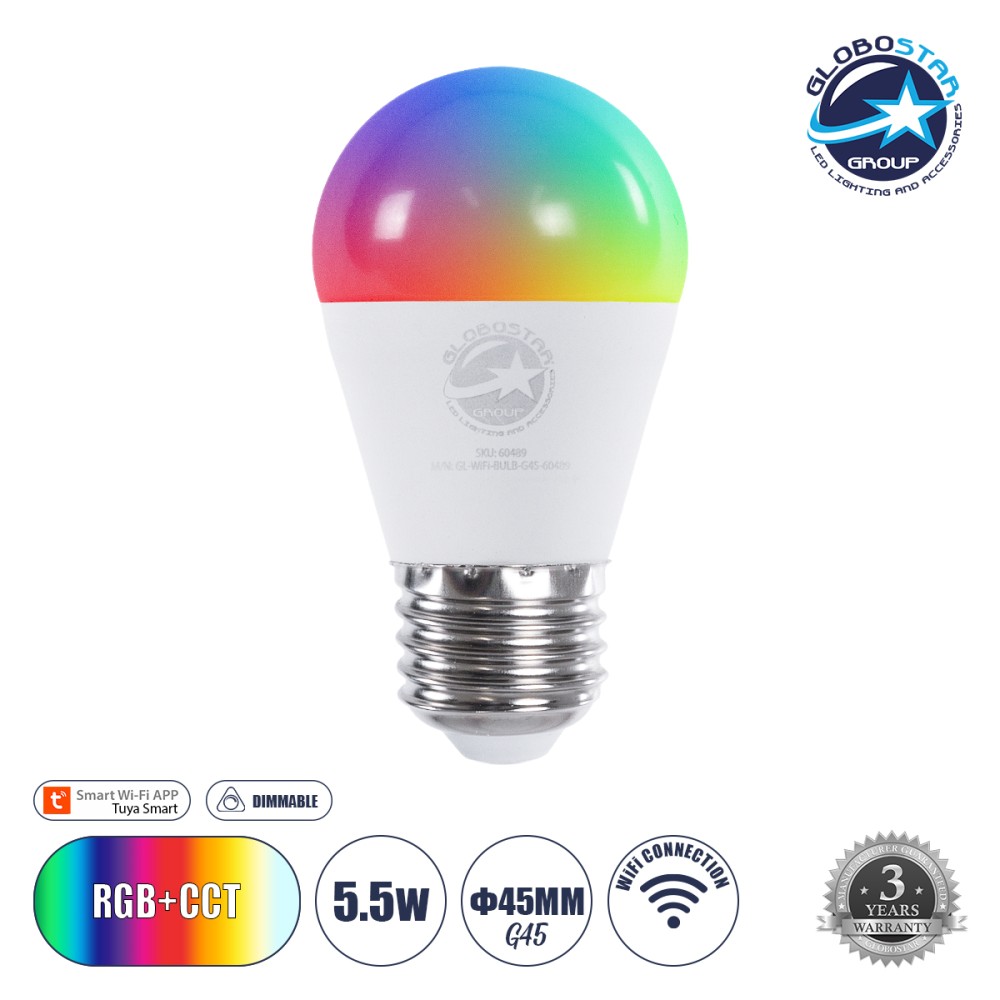 GLOBOSTAR® SMARTME 60489 Λάμπα E27 G45 Smart Home WiFi με Λειτουργία μέσω Tuya APP LED 5.5W 550lm 260° AC 220-240V IP20 Πολύχρωμο RGBW+WW Dimmable - Bridgelux Chip - Μ4.5 x Π4.5 x Υ8.8cm - 3 Χρόνια Εγγύηση