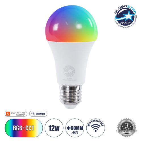 GLOBOSTAR® SMARTME 60490 Λάμπα E27 A60 Smart Home WiFi με Λειτουργία μέσω Tuya APP LED 12W 1200lm 260° AC 220-240V IP20 Πολύχρωμο RGBW+WW Dimmable - Bridgelux Chip - Μ6 x Π6 x Υ12cm - 3 Χρόνια Εγγύηση