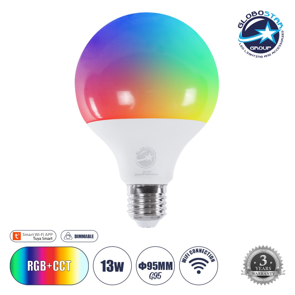GLOBOSTAR® SMARTME 60491 Λάμπα E27 G95 Smart Home WiFi με Λειτουργία μέσω Tuya APP LED 13W 1300lm 260° AC 220-240V IP20 Πολύχρωμο RGBW+WW Dimmable - Bridgelux Chip - Μ9.5 x Π9.5 x Υ13.5cm - 3 Χρόνια Εγγύηση