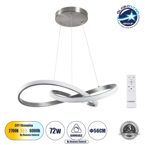 GLOBOSTAR® DEXTER 60498 Μοντέρνο Κρεμαστό Φωτιστικό Οροφής LED 72W 8064lm 300° AC 220-240V IP20 Ρυθμιζόμενο Λευκό CCT με Χειριστήριο από 2700K έως 6000K Dimmable - Lumileds SMD Chip - Νίκελ Βούρτσας - Μ56 x Π56 x Υ14cm - 3 Χρόνια Εγγύηση