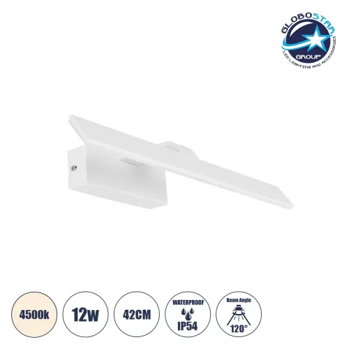 GLOBOSTAR® MIRROR 60512 Μοντέρνο Φωτιστικό Τοίχου - Απλίκα Καθρέπτη Μπάνιου LED 12W 1440lm 120° AC 220-240V IP54 Φυσικό Λευκό 4500K - Lumileds SMD Chip & TÜV SÜD Driver - Λευκό Ματ - Μ42 x Π5 x Υ15cm - 2 Χρόνια Εγγύηση
