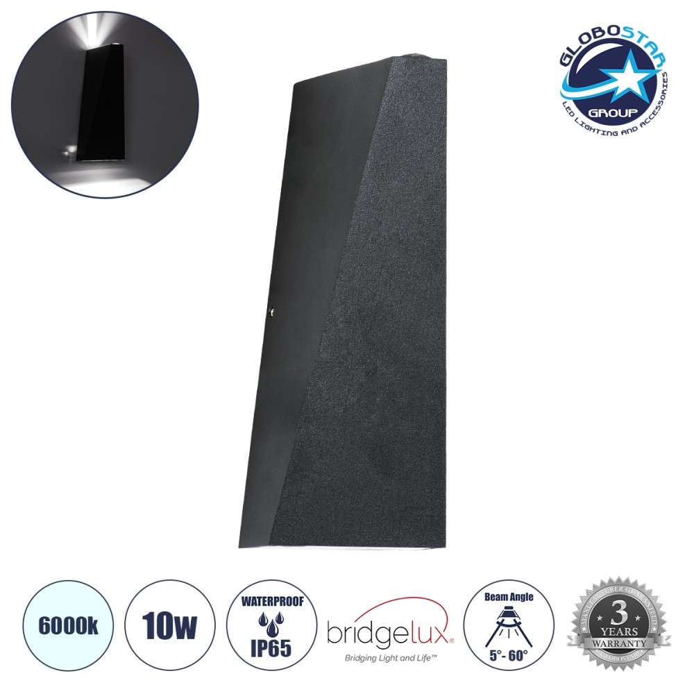 GLOBOSTAR® TRIANDE 60559 Μοντέρνο Φωτιστικό Τοίχου - Απλίκα LED 10W 1200lm 5°/60° AC 220-240V Αδιάβροχο IP65 Ψυχρό Λευκό 6000K - Bridgelux COB Chip & TÜV SÜD Driver - Μαύρο Ματ - Μ8.5 x Π8.5 x Υ20cm - 5 Χρόνια Εγγύηση