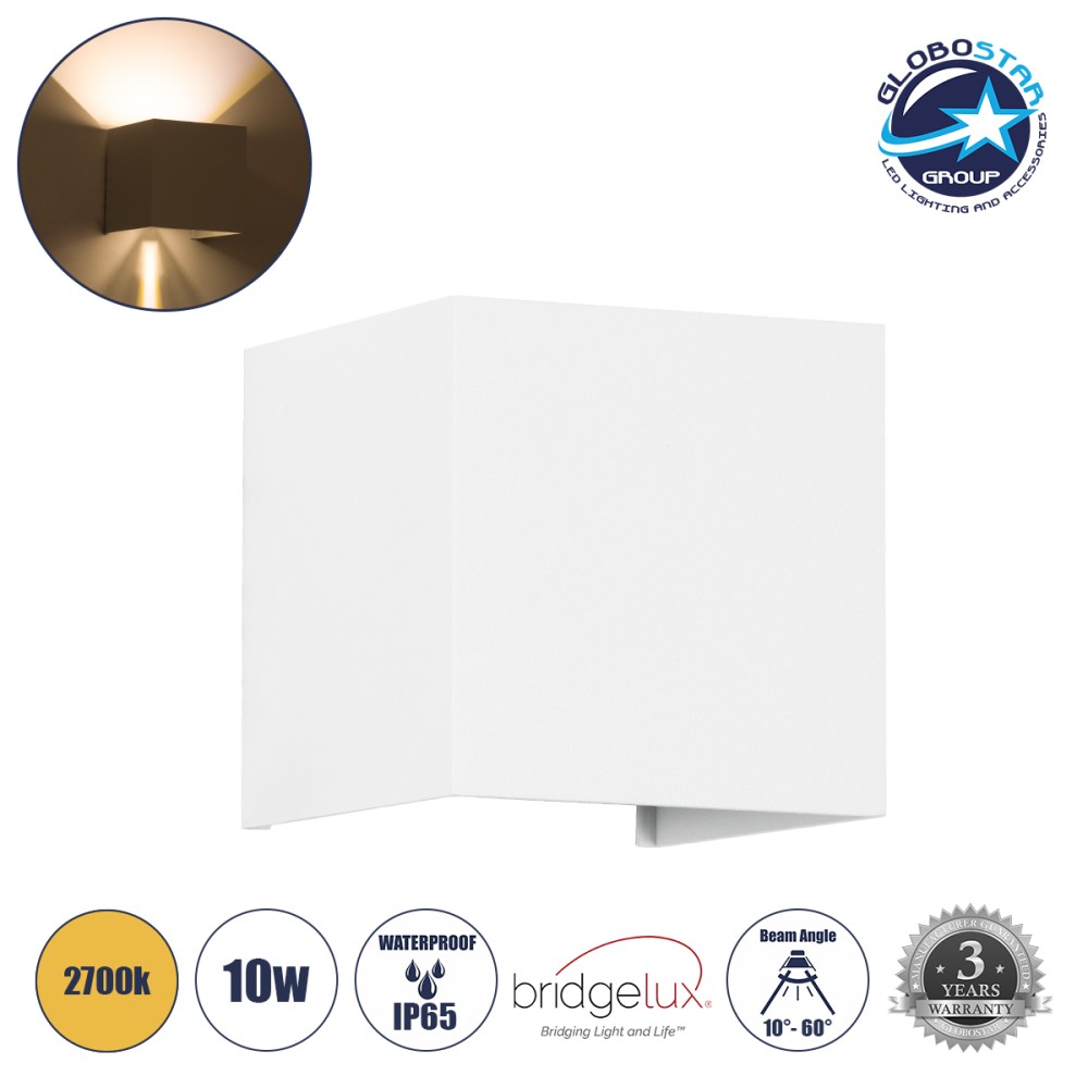 GLOBOSTAR® AXIS-S 60560 Μοντέρνο Φωτιστικό Τοίχου - Απλίκα LED 10W 1000lm 5°/60° AC 220-240V Αδιάβροχο IP65 Θερμό Λευκό 2700K - Bridgelux COB Chip & TÜV SÜD Driver - Λευκό Ματ - Μ10 x Π10 x Υ10cm - 5 Χρόνια Εγγύηση