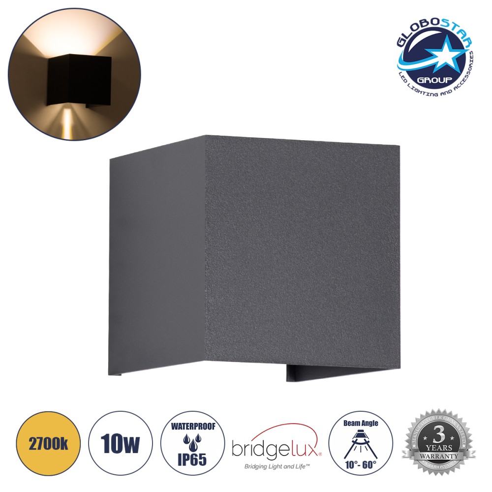 GLOBOSTAR® AXIS-S 60561 Μοντέρνο Φωτιστικό Τοίχου - Απλίκα LED 10W 1000lm 5°/60° AC 220-240V Αδιάβροχο IP65 Θερμό Λευκό 2700K - Bridgelux COB Chip & TÜV SÜD Driver - Γκρι Ανθρακί Ματ - Μ10 x Π10 x Υ10cm - 5 Χρόνια Εγγύηση