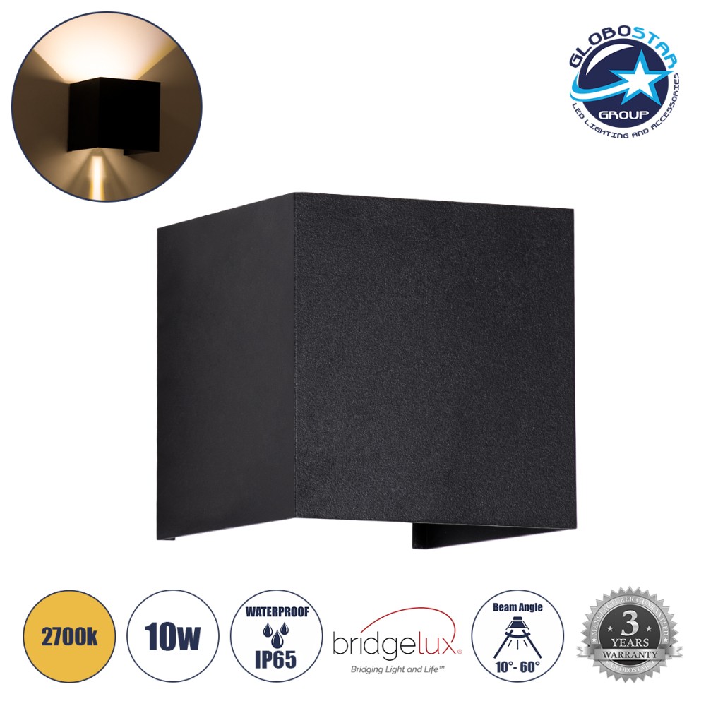 GLOBOSTAR® AXIS-S 60562 Μοντέρνο Φωτιστικό Τοίχου - Απλίκα LED 10W 1000lm 5°/60° AC 220-240V Αδιάβροχο IP65 Θερμό Λευκό 2700K - Bridgelux COB Chip & TÜV SÜD Driver - Μαύρο Ματ - Μ10 x Π10 x Υ10cm - 5 Χρόνια Εγγύηση