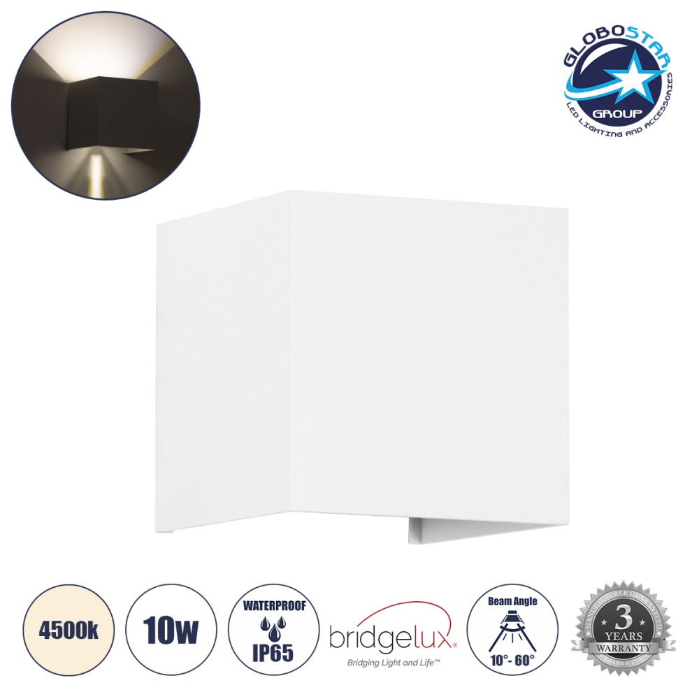 GLOBOSTAR® AXIS-S 60563 Μοντέρνο Φωτιστικό Τοίχου - Απλίκα LED 10W 1100lm 5°/60° AC 220-240V Αδιάβροχο IP65 Φυσικό Λευκό 4500K - Bridgelux COB Chip & TÜV SÜD Driver - Λευκό Ματ - Μ10 x Π10 x Υ10cm - 5 Χρόνια Εγγύηση