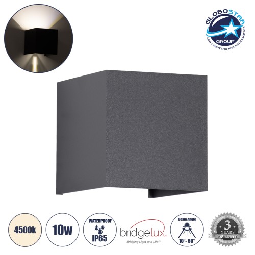 GLOBOSTAR® AXIS-S 60564 Μοντέρνο Φωτιστικό Τοίχου - Απλίκα LED 10W 1200lm 5°/60° AC 220-240V Αδιάβροχο IP65 Φυσικό Λευκό 4500K - Bridgelux COB Chip & TÜV SÜD Driver - Γκρι Ανθρακί Ματ - Μ10 x Π10 x Υ10cm - 5 Χρόνια Εγγύηση