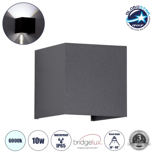GLOBOSTAR® AXIS-S 60567 Μοντέρνο Φωτιστικό Τοίχου - Απλίκα LED 10W 1250lm 5°/60° AC 220-240V Αδιάβροχο IP65 Ψυχρό Λευκό 6000K - Bridgelux COB Chip & TÜV SÜD Driver - Γκρι Ανθρακί Ματ - Μ10 x Π10 x Υ10cm - 5 Χρόνια Εγγύηση