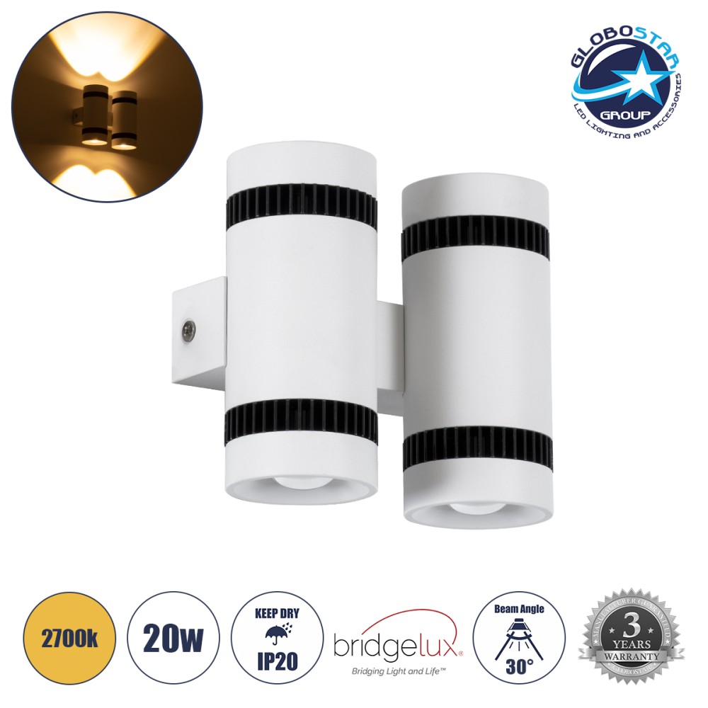 GLOBOSTAR® CANNONAL 60578 Μοντέρνο Φωτιστικό Τοίχου - Απλίκα LED 20W 2000lm 30° AC 220-240V IP20 Θερμό Λευκό 2700K - Bridgelux COB Chip & TÜV SÜD Driver - Μαύρο Ματ & Λευκό Ματ - Μ12 x Π6.5 x Υ11cm - 3 Χρόνια Εγγύηση