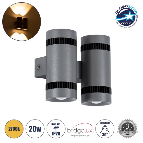 GLOBOSTAR® CANNONAL 60579 Μοντέρνο Φωτιστικό Τοίχου - Απλίκα LED 20W 2300lm 30° AC 220-240V IP20 Θερμό Λευκό 2700K - Bridgelux COB Chip & TÜV SÜD Driver - Μαύρο Ματ & Γκρι Ανθρακί Ματ - Μ12 x Π6.5 x Υ11cm - 3 Χρόνια Εγγύηση