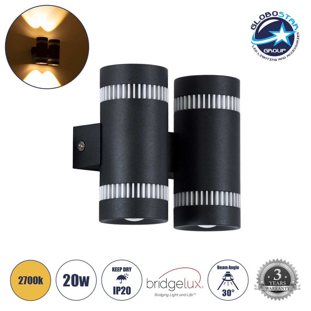 GLOBOSTAR® CANNONAL 60580 Μοντέρνο Φωτιστικό Τοίχου - Απλίκα LED 20W 2000lm 30° AC 220-240V IP20 Θερμό Λευκό 2700K - Bridgelux COB Chip & TÜV SÜD Driver - Μαύρο Ματ & Λευκό Ματ - Μ12 x Π6.5 x Υ11cm - 3 Χρόνια Εγγύηση