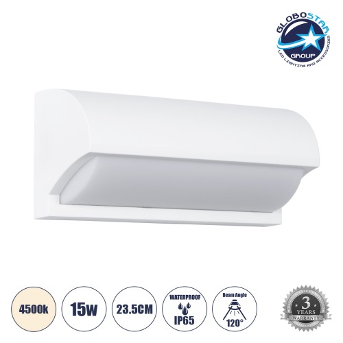 GLOBOSTAR® HORIZON 60691 Μοντέρνο Φωτιστικό Τοίχου - Απλίκα LED 15W 1575lm 120° AC 220-240V Αδιάβροχο IP65 Φυσικό Λευκό 4500K - Bridgelux SMD Chip - Λευκό Ματ - Μ23.5 x Π11 x Υ10cm - 3 Χρόνια Εγγύηση