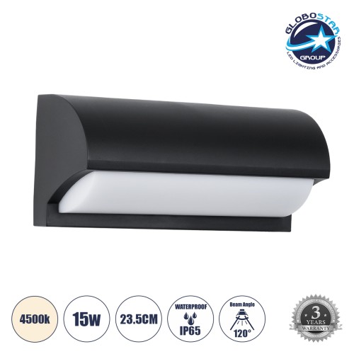 GLOBOSTAR® HORIZON 60693 Μοντέρνο Φωτιστικό Τοίχου - Απλίκα LED 15W 1575lm 120° AC 220-240V Αδιάβροχο IP65 Φυσικό Λευκό 4500K - Bridgelux SMD Chip - Μαύρο Ματ - Μ23.5 x Π11 x Υ10cm - 3 Χρόνια Εγγύηση