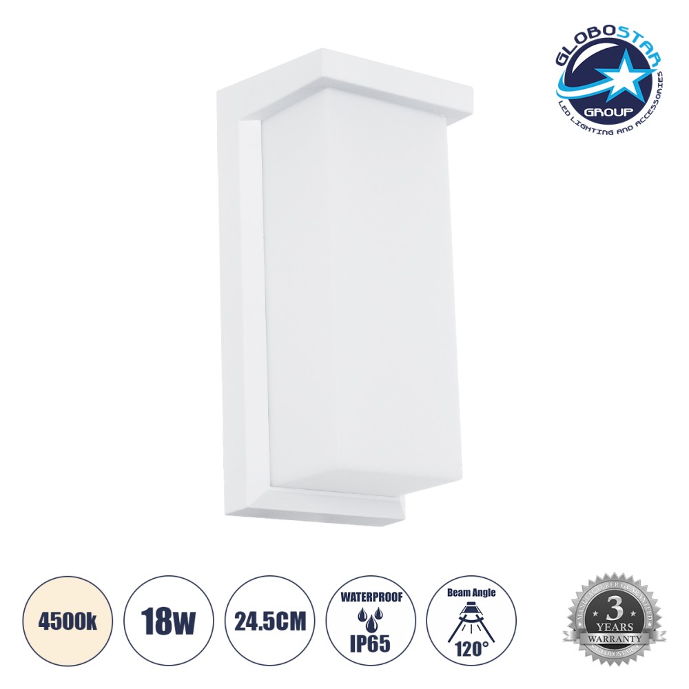 GLOBOSTAR® LOFT 60760 Μοντέρνο Φωτιστικό Τοίχου - Απλίκα LED 18W 1890lm 120° AC 220-240V Αδιάβροχο IP65 Φυσικό Λευκό 4500K - Bridgelux SMD Chip - Λευκό Ματ - Μ24.5 x Π11 x Υ9.5cm - 3 Χρόνια Εγγύηση