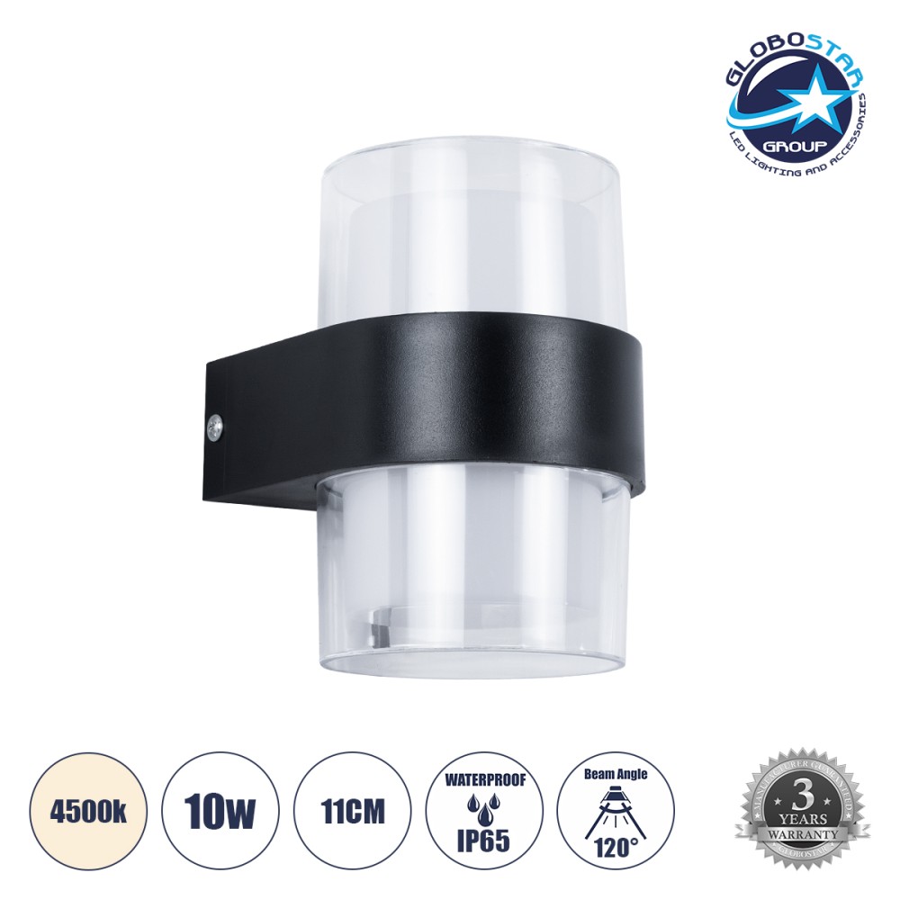 GLOBOSTAR® EMPIRE 60776 Μοντέρνο Φωτιστικό Τοίχου - Απλίκα LED 10W 1100lm 120° AC 220-240V Αδιάβροχο IP65 Φυσικό Λευκό 4500K - Bridgelux SMD Chip & TÜV SÜD Driver - Διάφανο & Μαύρο Ματ - M10 x Π11 x Υ13.5cm - 3 Χρόνια Εγγύηση
