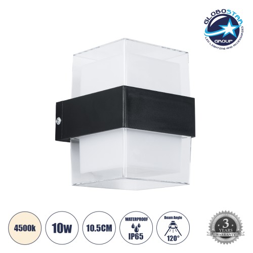 GLOBOSTAR® EMPIRE 60778 Μοντέρνο Φωτιστικό Τοίχου - Απλίκα LED 10W 1050lm 120° AC 220-240V Αδιάβροχο IP65 Φυσικό Λευκό 4500K - Bridgelux SMD Chip & TÜV SÜD Driver - Διάφανο & Μαύρο Ματ - Μ10.5 x Π9 x Υ13cm - 3 Χρόνια Εγγύηση