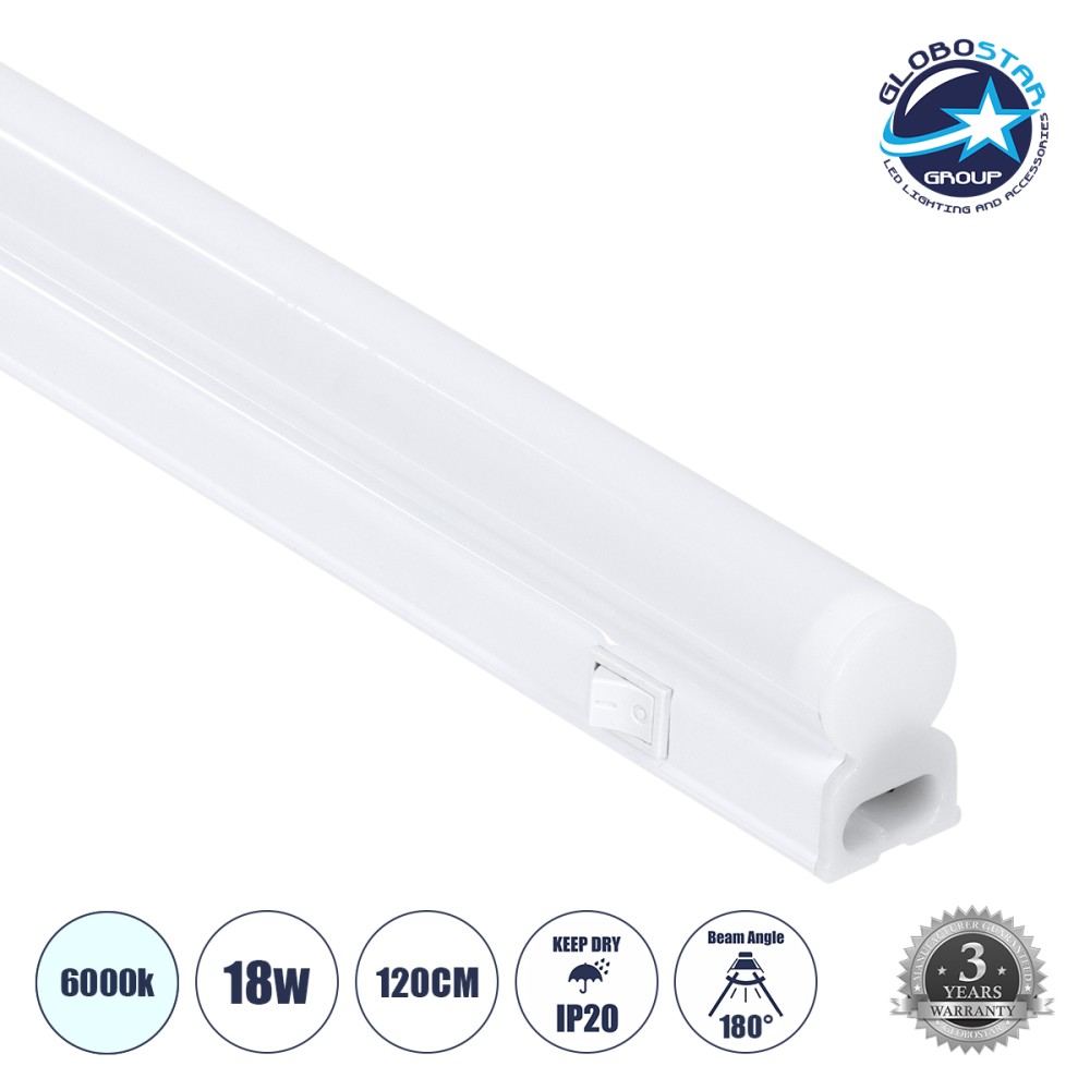 GloboStar® TUBO 60790 Γραμμικό Φωτιστικό Οροφής Linear LED Τύπου T5 Επεκτεινόμενο 18W 1800lm 180° AC 220-240V IP20 Πάγκου Κουζίνας με Διακόπτη On/Off Μ120 x Π2.2 x Υ3.5cm Ψυχρό Λευκό 6000K - Λευκό - 3 Years Warranty