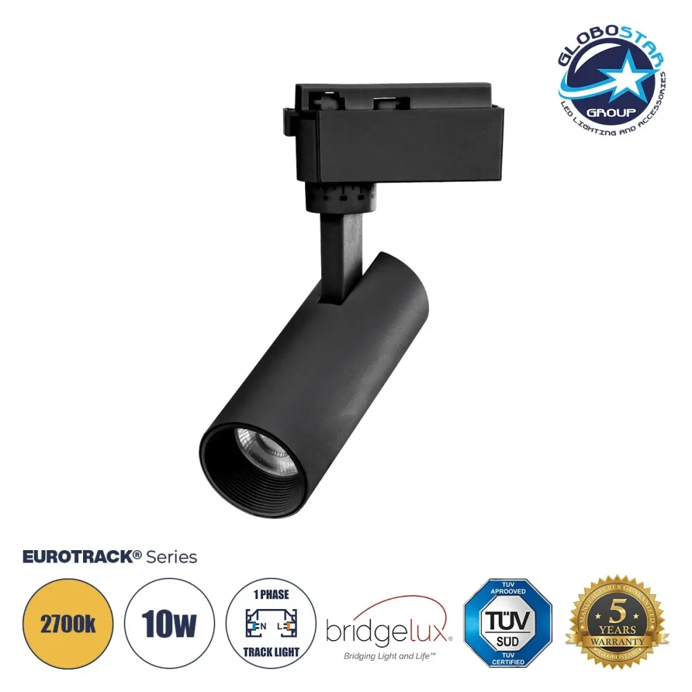 GLOBOSTAR® LUGANO 60805 Μονοφασικό Σποτ Ράγας LED 10W 1200lm 36° AC 220-240V IP20 Θερμό Λευκό 2700K - Bridgelux COB Chip & TÜV SÜD Driver - Eurotrack 1PH - Μαύρο Ματ - Μ4.5 x Π4.5 x Υ18cm - 5 Χρόνια Εγγύηση