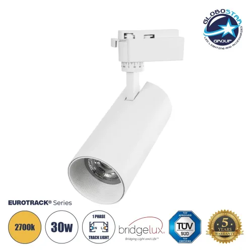 GLOBOSTAR® LUGANO 60814 Μονοφασικό Σποτ Ράγας LED 30W 3600lm 36° AC 220-240V IP20 Θερμό Λευκό 2700K - Bridgelux COB Chip & TÜV SÜD Driver - Eurotrack 1PH - Λευκό Ματ - Μ7.5 x Π7.5 x Υ22cm - 5 Χρόνια Εγγύηση