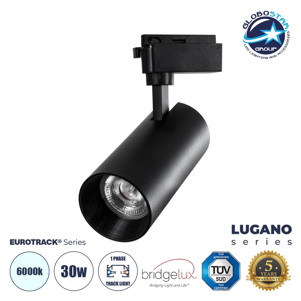GloboStar® LUGANO 60815 Μονοφασικό Φωτιστικό Σποτ Ράγας LED 30W 3900lm 36° Acrylic HQ LENS AC 220-240V IP20 Φ7.5 x Υ22.7cm Ψυχρό Λευκό 6000K - EUROTRACK® System 1L+1N - Μαύρο - Bridgelux Chip - TÜV Certified Driver - 5 Χρόνια Εγγύηση