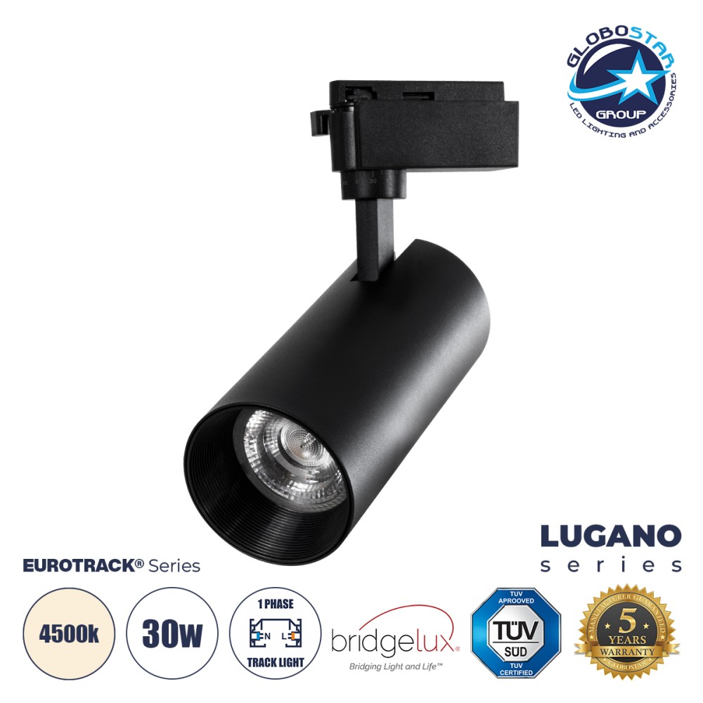 GLOBOSTAR® LUGANO 60816 Μονοφασικό Σποτ Ράγας LED 30W 3750lm 36° AC 220-240V IP20 Φυσικό Λευκό 4500K - Bridgelux COB Chip & TÜV SÜD Driver - Eurotrack 1PH - Μαύρο Ματ - Μ7.5 x Π7.5 x Υ22cm - 5 Χρόνια Εγγύηση