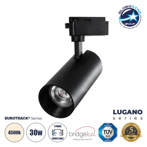 GLOBOSTAR® LUGANO 60816 Μονοφασικό Σποτ Ράγας LED 30W 3750lm 36° AC 220-240V IP20 Φυσικό Λευκό 4500K - Bridgelux COB Chip & TÜV SÜD Driver - Eurotrack 1PH - Μαύρο Ματ - Μ7.5 x Π7.5 x Υ22cm - 5 Χρόνια Εγγύηση