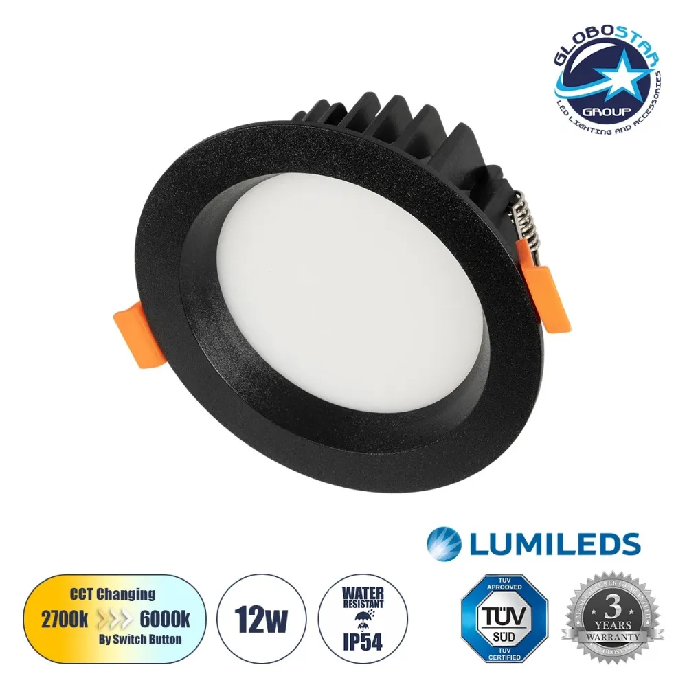 GLOBOSTAR® WATERA 60897 Χωνευτό Downlight Σποτ Panel Μπάνιου LED 12W 1500lm 120° AC 220-240V Αδιάβροχο IP54 Ρυθμιζόμενο Λευκό CCT με Διακόπτη στο Σώμα 2700K/4500K/6000K Dimmable - Lumileds SMD Chip & TÜV SÜD Driver - Μαύρο Ματ - Μ10.8 x Π10.8 x Υ3.2cm
