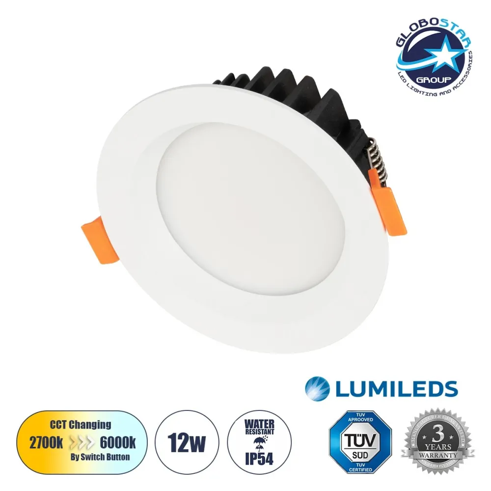 GLOBOSTAR® WATERA 60898 Χωνευτό Downlight Σποτ Panel Μπάνιου LED 12W 1500lm 120° AC 220-240V Αδιάβροχο IP54 Ρυθμιζόμενο Λευκό CCT με Διακόπτη στο Σώμα 2700K/4500K/6000K Dimmable - Lumileds SMD Chip & TÜV SÜD Driver - Λευκό Ματ - Μ10.8 x Π10.8 x Υ3.2cm