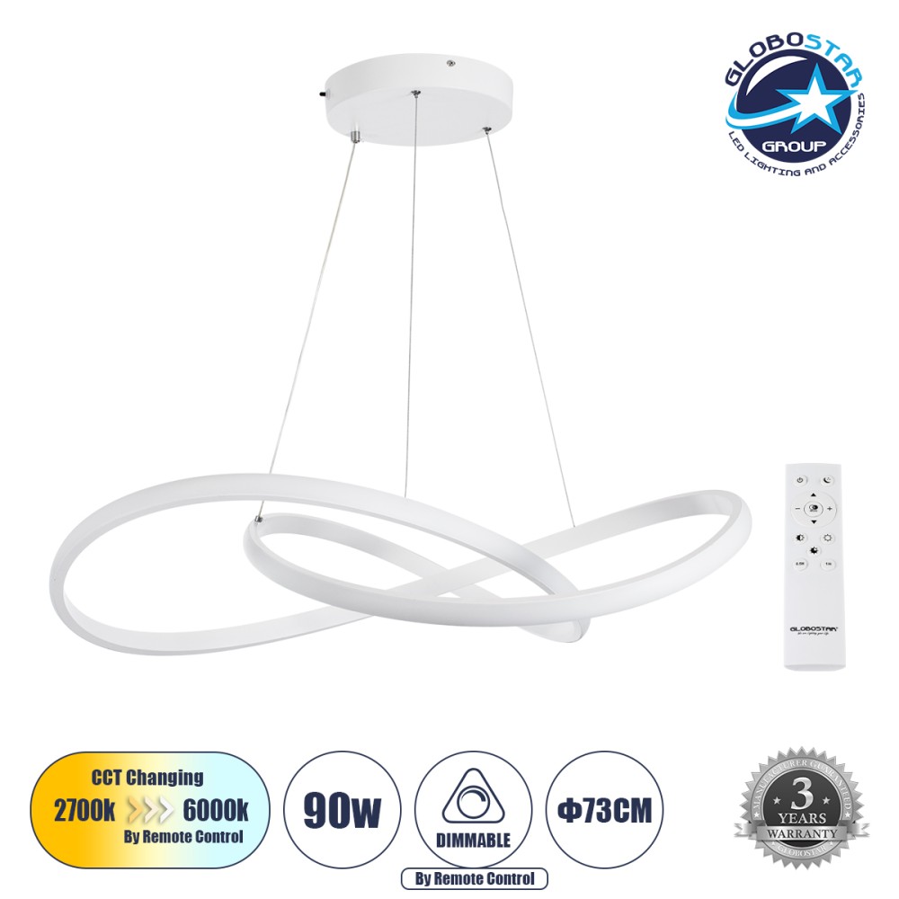 GLOBOSTAR® DEXTER 60914 Μοντέρνο Κρεμαστό Φωτιστικό Οροφής LED 90W 9000lm 300° AC 220-240V IP20 Ρυθμιζόμενο Λευκό CCT με Χειριστήριο από 2700K έως 6000K Dimmable - Lumileds SMD Chip - Λευκό Ματ - Μ73 x Π73 x Υ16cm - 3 Χρόνια Εγγύηση