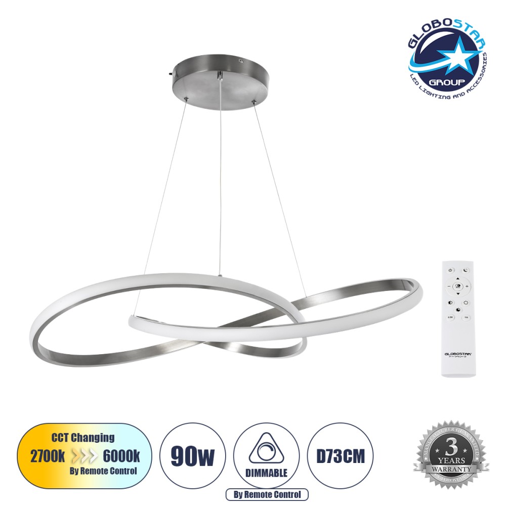 GLOBOSTAR® DEXTER 60915 Μοντέρνο Κρεμαστό Φωτιστικό Οροφής LED 90W 9000lm 300° AC 220-240V IP20 Ρυθμιζόμενο Λευκό CCT με Χειριστήριο από 2700K έως 6000K Dimmable - Lumileds SMD Chip - Σατινέ Νίκελ Βούρτσας - Μ73 x Π73 x Υ16cm - 3 Χρόνια Εγγύηση