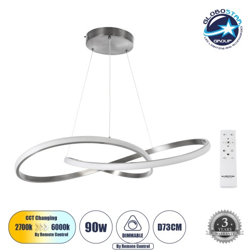 GLOBOSTAR® DEXTER 60915 Μοντέρνο Κρεμαστό Φωτιστικό Οροφής LED 90W 10080lm 300° AC 220-240V IP20 Ρυθμιζόμενο Λευκό CCT με Χειριστήριο από 2700K έως 6000K Dimmable - Lumileds SMD Chip - Σατινέ Νίκελ Βούρτσας - Μ73 x Π73 x Υ16cm - 3 Χρόνια Εγγύηση