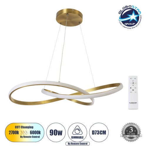 GLOBOSTAR® DEXTER 60916 Μοντέρνο Κρεμαστό Φωτιστικό Οροφής LED 90W 10080lm 300° AC 220-240V IP20 Ρυθμιζόμενο Λευκό CCT με Χειριστήριο από 2700K έως 6000K Dimmable - Lumileds SMD Chip - Σατινέ Χρυσό Βούρτσας - Μ73 x Π73 x Υ16cm - 3 Χρόνια Εγγύηση