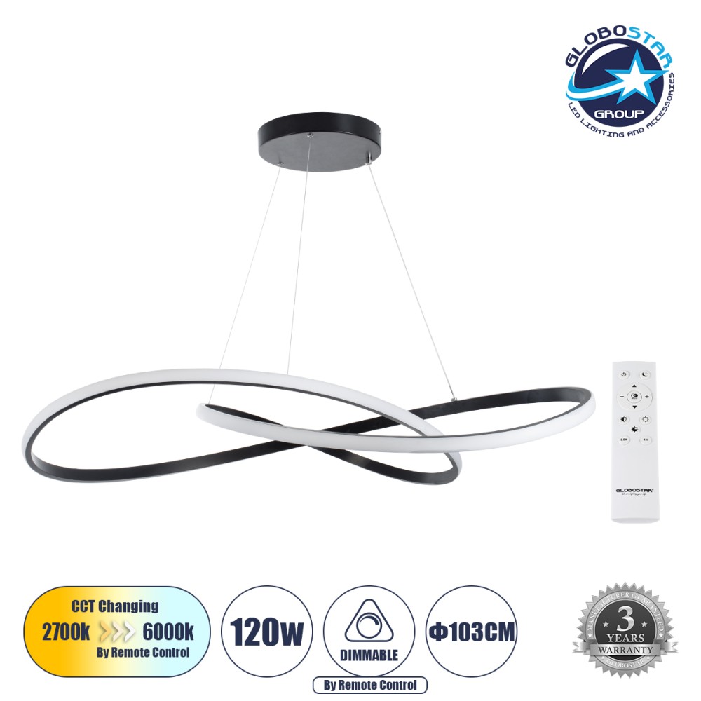 GLOBOSTAR® DEXTER 60917 Μοντέρνο Κρεμαστό Φωτιστικό Οροφής LED 120W 12000lm 300° AC 220-240V IP20 Ρυθμιζόμενο Λευκό CCT με Χειριστήριο από 2700K έως 6000K Dimmable - Lumileds SMD Chip - Μαύρο Ματ - Μ103 x Π103 x Υ22cm - 3 Χρόνια Εγγύηση