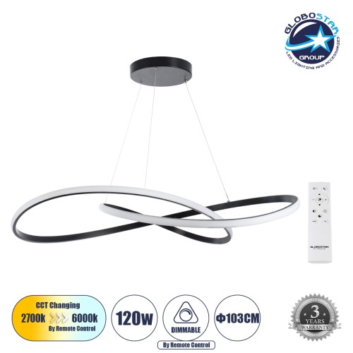 GLOBOSTAR® DEXTER 60917 Μοντέρνο Κρεμαστό Φωτιστικό Οροφής LED 120W 13440lm 300° AC 220-240V IP20 Ρυθμιζόμενο Λευκό CCT με Χειριστήριο από 2700K έως 6000K Dimmable - Lumileds SMD Chip - Μαύρο Ματ - Μ103 x Π103 x Υ22cm - 3 Χρόνια Εγγύηση