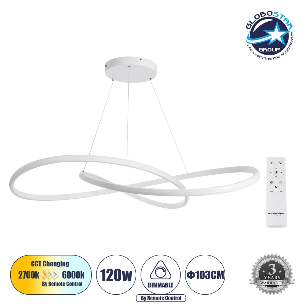 GLOBOSTAR® DEXTER 60918 Μοντέρνο Κρεμαστό Φωτιστικό Οροφής LED 120W 12000lm 300° AC 220-240V IP20 Ρυθμιζόμενο Λευκό CCT με Χειριστήριο από 2700K έως 6000K Dimmable - Lumileds SMD Chip - Λευκό Ματ - Μ103 x Π103 x Υ22cm - 3 Χρόνια Εγγύηση