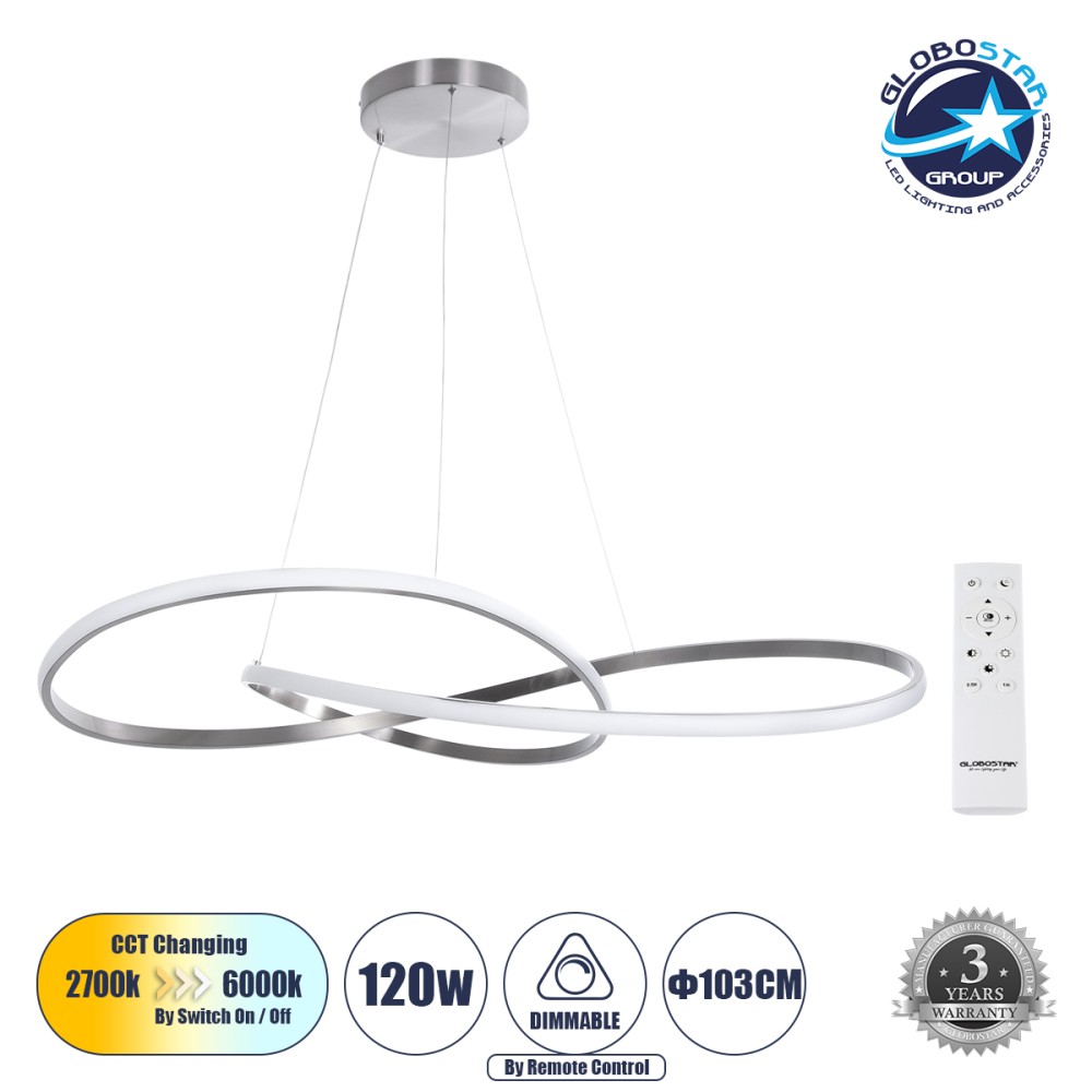 GLOBOSTAR® DEXTER 60919 Μοντέρνο Κρεμαστό Φωτιστικό Οροφής LED 120W 12000lm 300° AC 220-240V IP20 Ρυθμιζόμενο Λευκό CCT με Χειριστήριο από 2700K έως 6000K Dimmable - Lumileds SMD Chip - Νίκελ Βούρτσας - Μ103 x Π103 x Υ30cm - 3 Χρόνια Εγγύηση