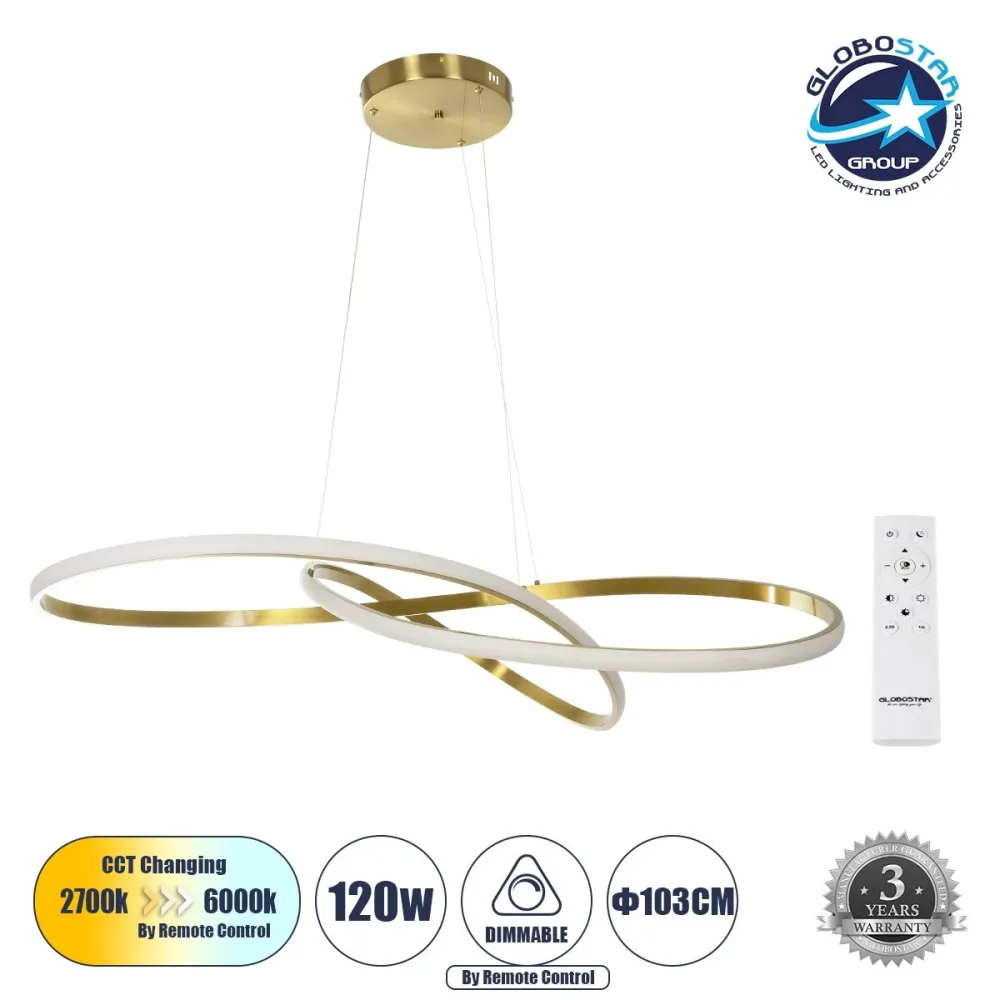 GLOBOSTAR® DEXTER 60920 Μοντέρνο Κρεμαστό Φωτιστικό Οροφής LED 120W 12000lm 300° AC 220-240V IP20 Ρυθμιζόμενο Λευκό CCT με Χειριστήριο από 2700K έως 6000K Dimmable - Lumileds SMD Chip - Χρυσό Βούρτσας - Μ103 x Π103 x Υ30cm - 3 Χρόνια Εγγύηση