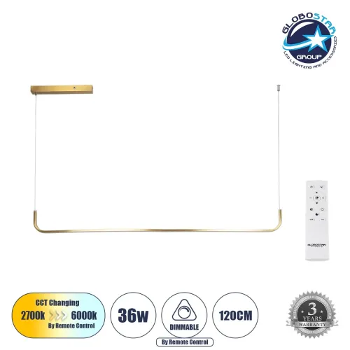 GLOBOSTAR® LINARIA 60923 Μοντέρνο Κρεμαστό Φωτιστικό Οροφής LED 36W 4150lm 180° AC 220-240V IP20 Ρυθμιζόμενο Λευκό CCT με Χειριστήριο από 2700K έως 6000K Dimmable - Lumileds SMD Chip - Χρυσό - Μ120 x Π2 x Υ10cm - 3 Χρόνια Εγγύηση