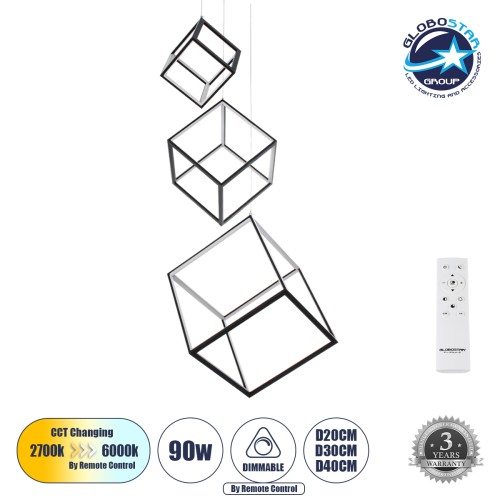 GLOBOSTAR® KIBOO-TRIO 60931 Μοντέρνο Κρεμαστό Φωτιστικό Οροφής LED 90W 10350lm 360° AC 220-240V IP20 Ρυθμιζόμενο Λευκό CCT με Χειριστήριο από 2700K έως 6000K Dimmable - Lumileds SMD Chip - Μαύρο Ματ - Μ60 x Π60 x Υ80cm - 3 Χρόνια Εγγύηση