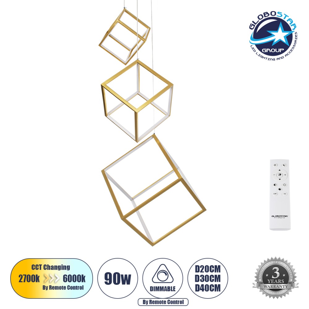 GLOBOSTAR® KIBOO-TRIO 60932 Μοντέρνο Κρεμαστό Φωτιστικό Οροφής LED 90W 10350lm 360° AC 220-240V IP20 Ρυθμιζόμενο Λευκό CCT με Χειριστήριο από 2700K έως 6000K Dimmable - Lumileds SMD Chip - Χρυσό - Μ60 x Π60 x Υ80cm - 3 Χρόνια Εγγύηση