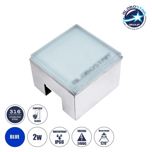GLOBOSTAR® CYBOLITHOS 60946 Χωνευτό Αρχιτεκτονικο Φωτιστικό Σποτ Δαπέδου LED 2W 170lm 120° DC 24V Αδιάβροχο IP68 IK06 Μπλε Dimmable - Bridgelux SMD Chip - Γαλακτερό Tempered Glass & Ανοξείδωτο Ατσάλι SS316 - Μ10 x Π10x Υ8cm / Q10 x 10cm - 3 Χρόνια Εγγ
