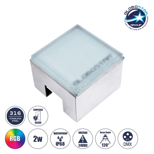 GLOBOSTAR® CYBOLITHOS 60948 Χωνευτό Αρχιτεκτονικο Φωτιστικό Σποτ Δαπέδου LED 2W 170lm 120° DC 24V Αδιάβροχο IP68 IK06 Πολύχρωμο RGB Dimmable DMX512 - Bridgelux SMD Chip - Γαλακτερό Tempered Glass & Ανοξείδωτο Ατσάλι SS316 - Μ10 x Π10x Υ8cm / Q10 x 10c